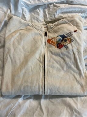 Vintage Roxy Cream Zip Hoodie with Multicolor Floral Emblem